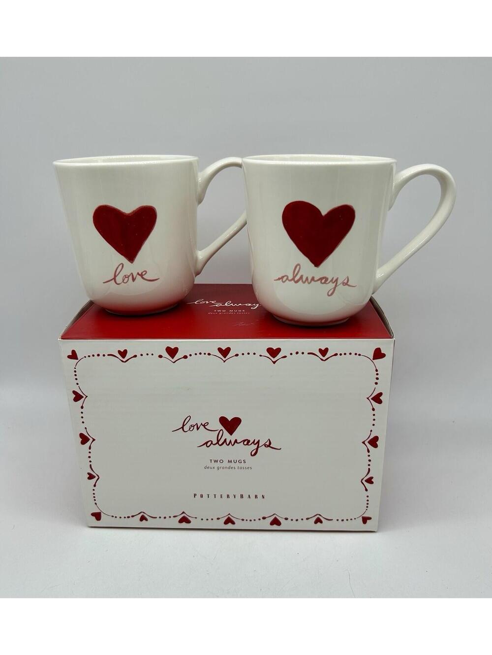 Pottery Barn Painted Heart Mugs Love Always Set of 2 Coffee Cups Valentines Gift